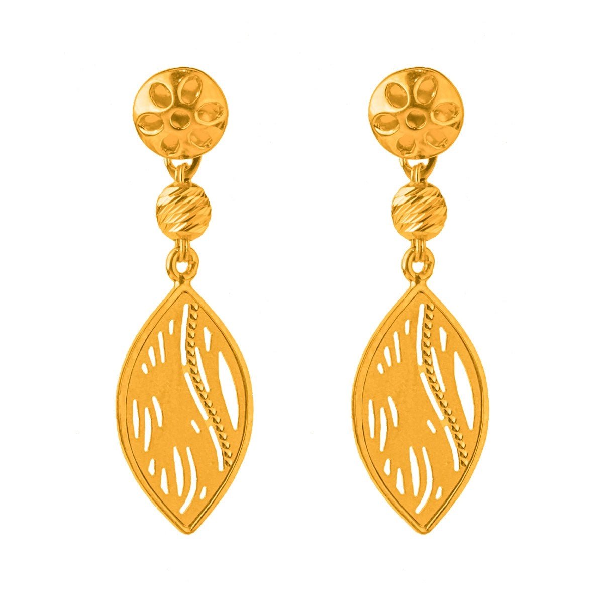 22KT (916) Yellow Gold Abstract Leaf Design Drop Earrings