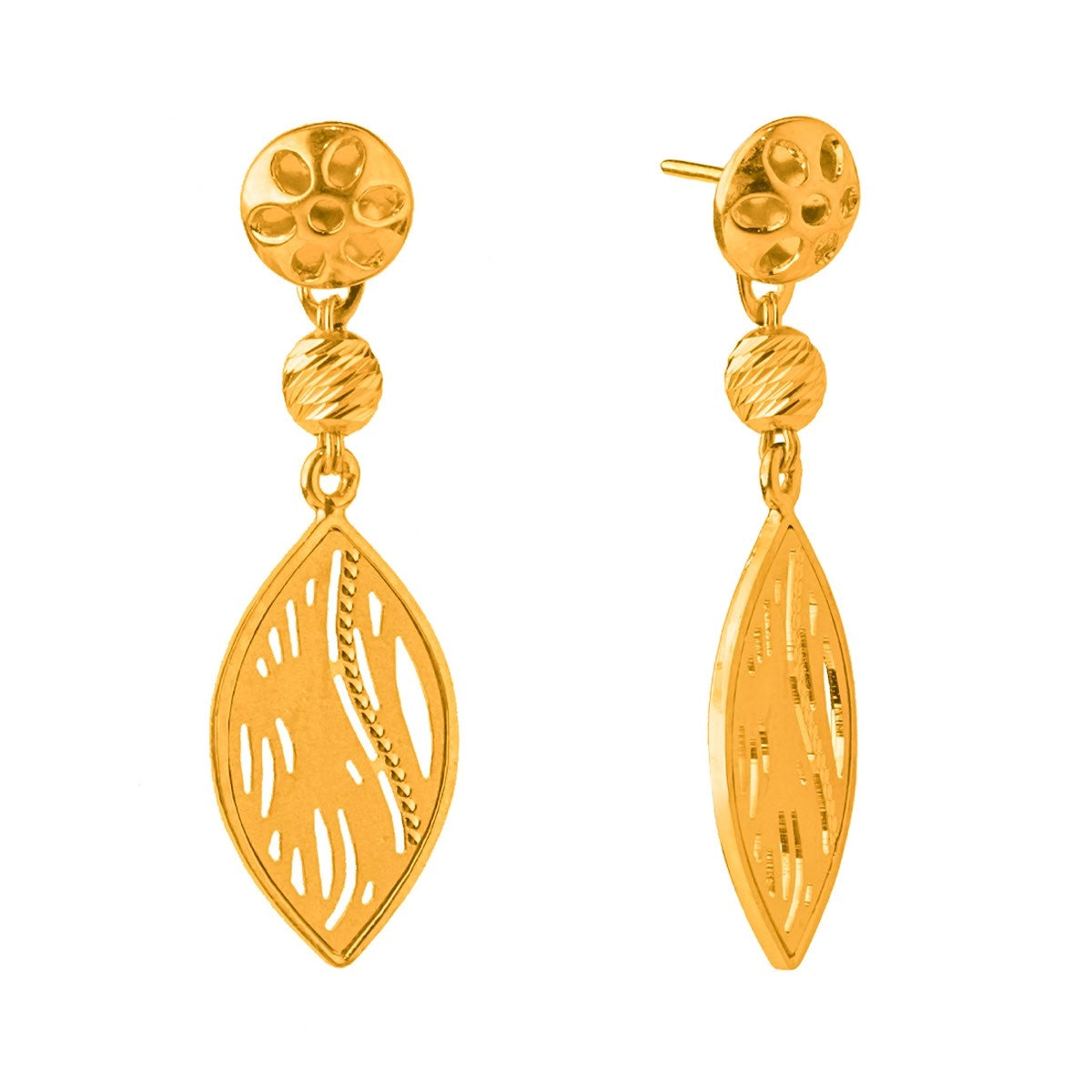 22KT (916) Yellow Gold Abstract Leaf Design Drop Earrings