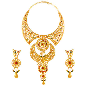 Regal 22K Gold Necklace Earrings Set with floral kolka meenakari