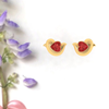 14K Gold earrings in a shape of bird with red stone