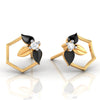 14k (585) Gold Earrings Hexagonal Floral Studs With Black Meena And Embedded Stones