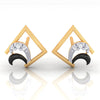 14k (585) Gold Earrings Crescent Moon Geometric Studs With Black Meena And Embedded Stone Detailing