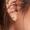 14k (585) Gold Earrings Crescent Moon Geometric Studs With Black Meena And Embedded Stone Detailing