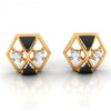 14k (585) Gold Earrings 3d Hexagonal Shape Having Central X Design With Black Meena And Embdded Stones