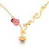 14K Love word Pink rose and heart necklace