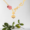 14K Love word Pink rose and heart necklace