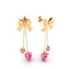 14K Gold Ribbon bow and dangling Pink Hearts Earings