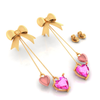 14K Gold Ribbon bow and dangling Pink Hearts Earings