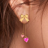 14K Gold Ribbon bow and dangling Pink Hearts Earings