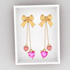 14K Gold Ribbon bow and dangling Pink Hearts Earings