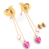 14K Bird and Pink hearts and pearls Gold earrings