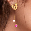 14K Bird and Pink hearts and pearls Gold earrings