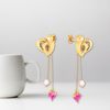 14K Bird and Pink hearts and pearls Gold earrings