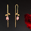 14K Pink Rose with Leaves Single chain Gold Earrings