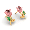 14K Pink Rose and Green stone leaves Gold Earrings