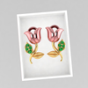 14K Pink Rose and Green stone leaves Gold Earrings