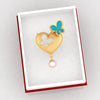 14K heart-shaped gold necklace with butterflies and a pearl drop 