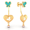 14K heart-shaped dangler gold earrings with butterflies and pearl drop 