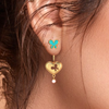 14K heart-shaped dangler gold earrings with butterflies and pearl drop 