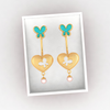 14K heart-shaped dangler gold earrings with butterflies and pearl drop 