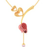 14K gold necklace with double hearts on a stone-studded tulip and a pearl drop 