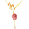 14K gold necklace with double hearts on a stone-studded tulip and a pearl drop 