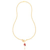 14K gold necklace with double hearts on a stone-studded tulip and a pearl drop 