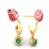 14K gold earrings with stone-studded rose flower design and a heart drop 