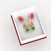 14K gold earrings with stone-studded rose flower design and a heart drop 