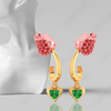 14K gold earrings with stone-studded rose flower design and a heart drop 