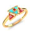 14K gold ring with a triad of triangular geometric patterns on top 