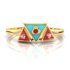 14K gold ring with a triad of triangular geometric patterns on top 