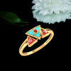 14K gold ring with a triad of triangular geometric patterns on top 