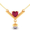 14K Gold Necklace With Heart Motif Set On A V Shape And Pearl Dangle