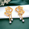 14k (585) Gold Earrings Having Framed Floral Studs With Pearl Dangles