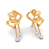 14k (585) Gold Earrings Having Framed Floral Studs With Pearl Dangles