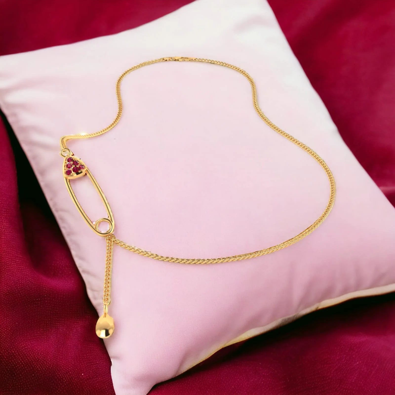 14K Gold Necklace with Safety Pin Design and Dangling Gold Drop | PC ...