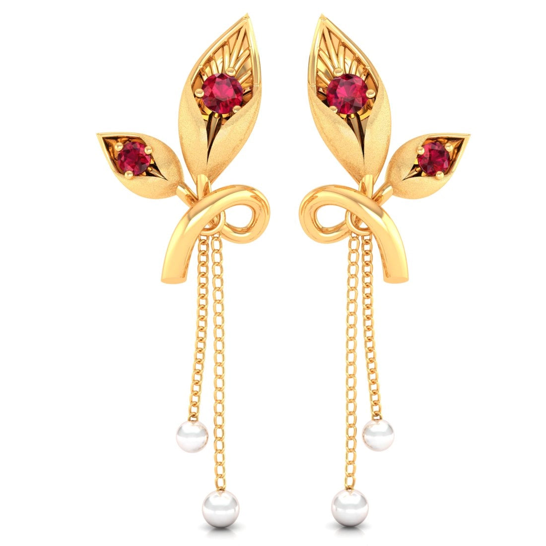 14K Gold Earrings With Leaf Design And Pearl Chain Drops