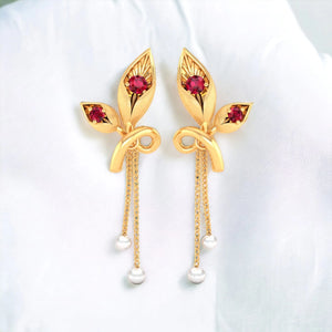14K Gold Earrings With Leaf Design And Pearl Chain Drops