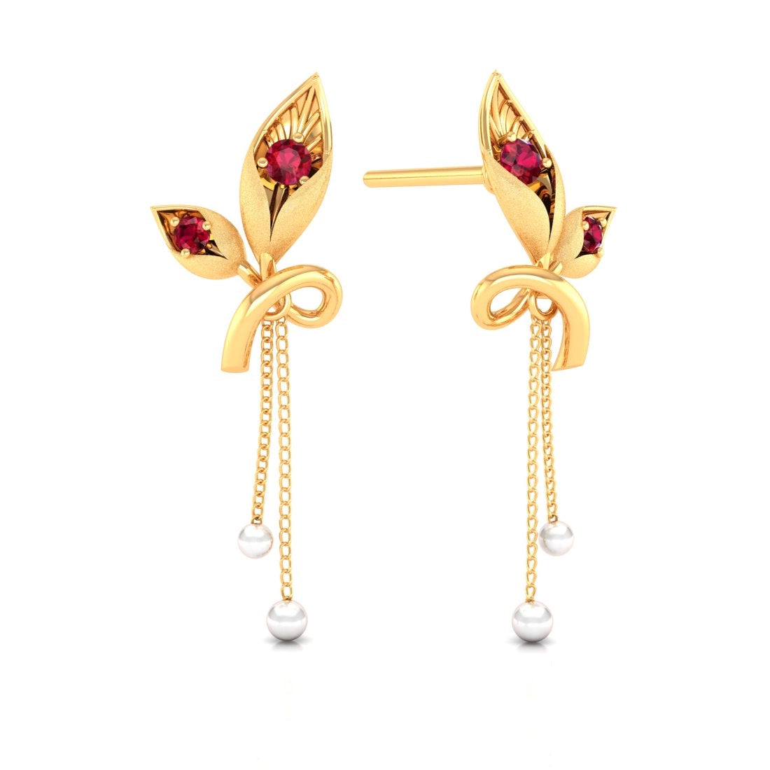 14K Gold Earrings With Leaf Design And Pearl Chain Drops