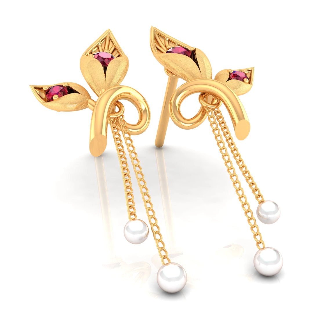 14K Gold Earrings With Leaf Design And Pearl Chain Drops