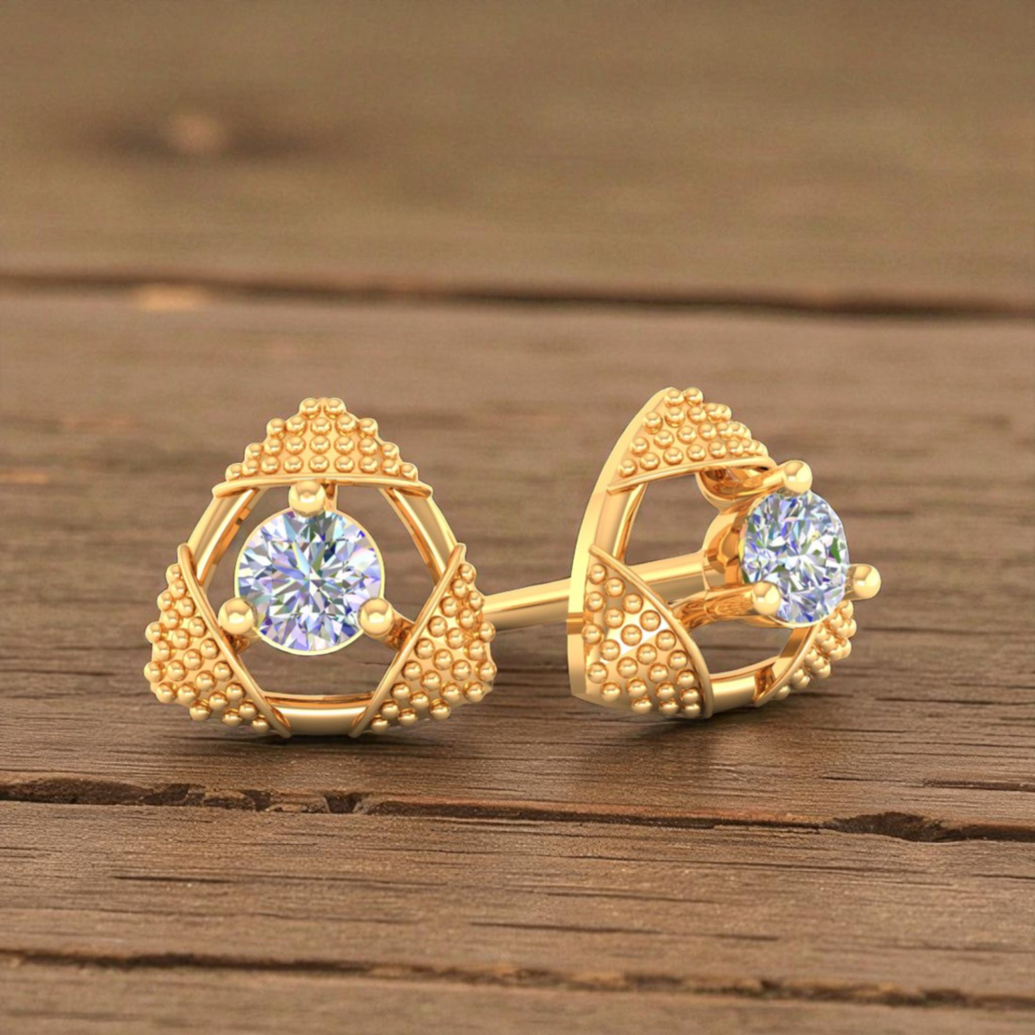 TriLustre 14KT (585) Yellow Gold Certified Natural Diamond Stud Earrings