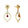 Diamond Embedded Drop Dangler with Precious Red Stone in 14K Gold Earrings