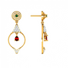 Diamond Embedded Drop Dangler with Precious Red Stone in 14K Gold Earrings