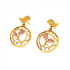 Gold Earrings with A Cute Bird and Floral Design