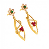 Gold Earrings with Green and Red Stones Embedded into Feminine Design