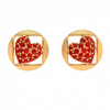 14K Red Stone Embossed Heart Themed Yellow Gold Earrings