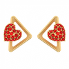 14K Red Stone Studded Triangular Heart Themed Yellow Gold Ear Stud