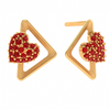 14K Red Stone Studded Triangular Heart Themed Yellow Gold Ear Stud