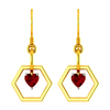 Hexagonal 14K gold earring with a red heart pendant 